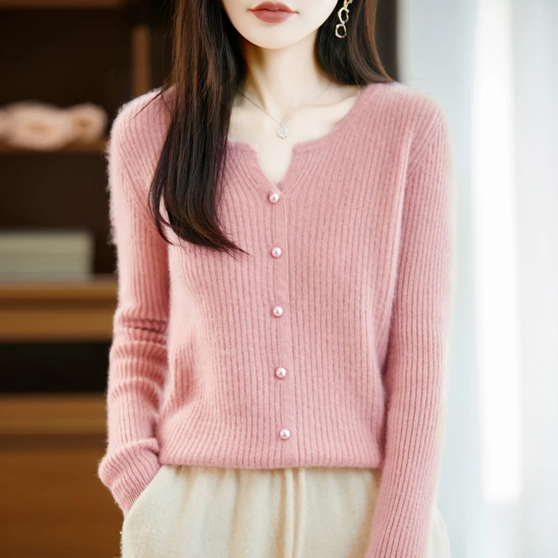 Women's Wool Sweater Spring Autumn Soft Warm Long Sleeve Cardigan Shirt High Quality 100% Merino Wool Knitwear Cashmere Tops