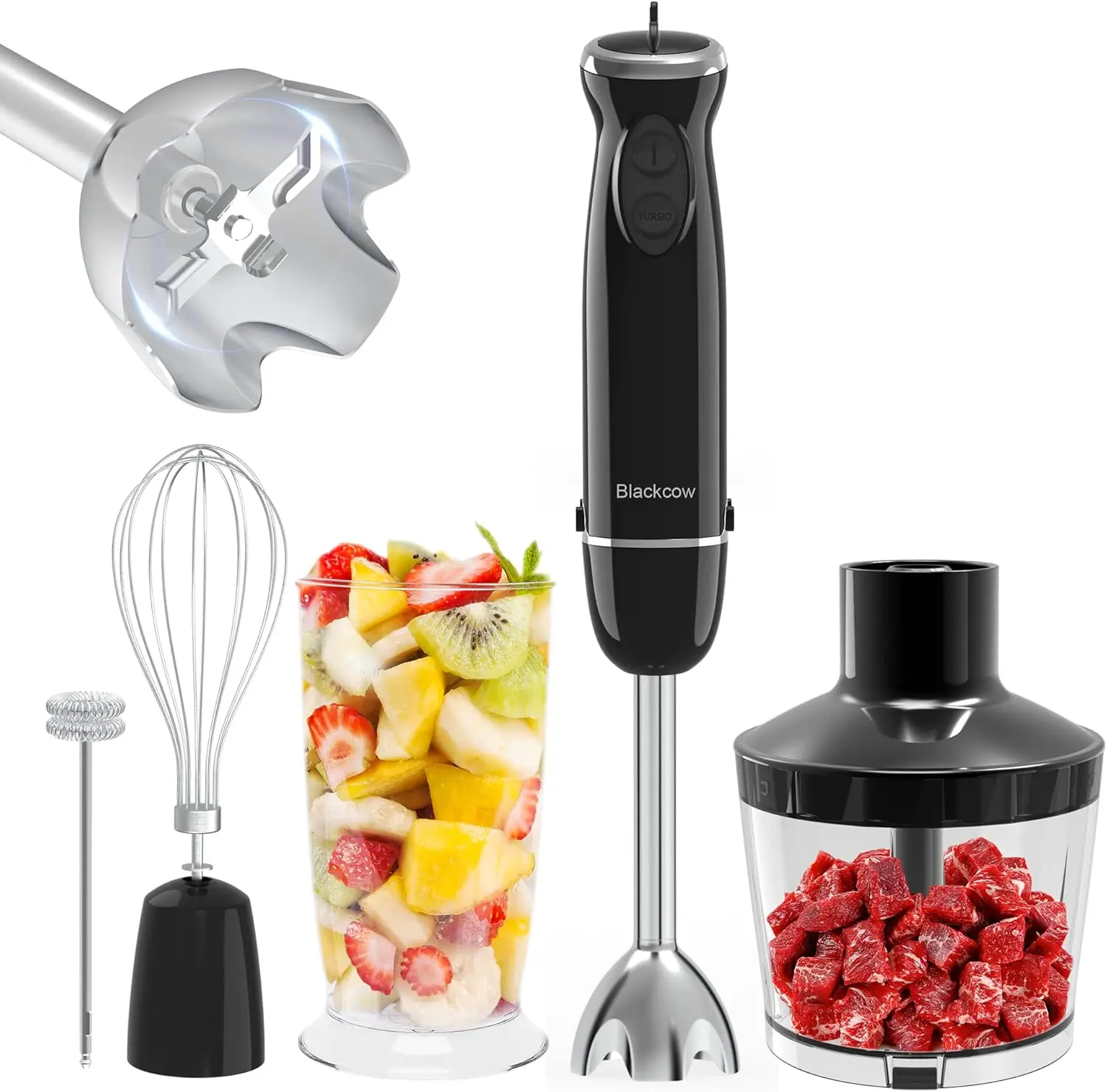 

500W Immersion Blender Set, Extra Quiet Handheld Mixer with 12 Speeds, BPA-Free Attachments: Chopper, Whisk, Frother & Cup