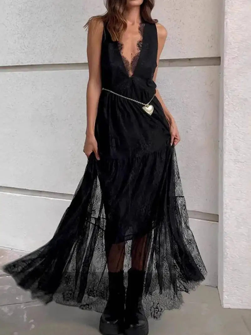 

Sexy Deep V-Neck Sleeveless Lace Dress Streetwear Women 2026 Backless Tunics A-Line Party Dresses Long Maxi Robe Black White