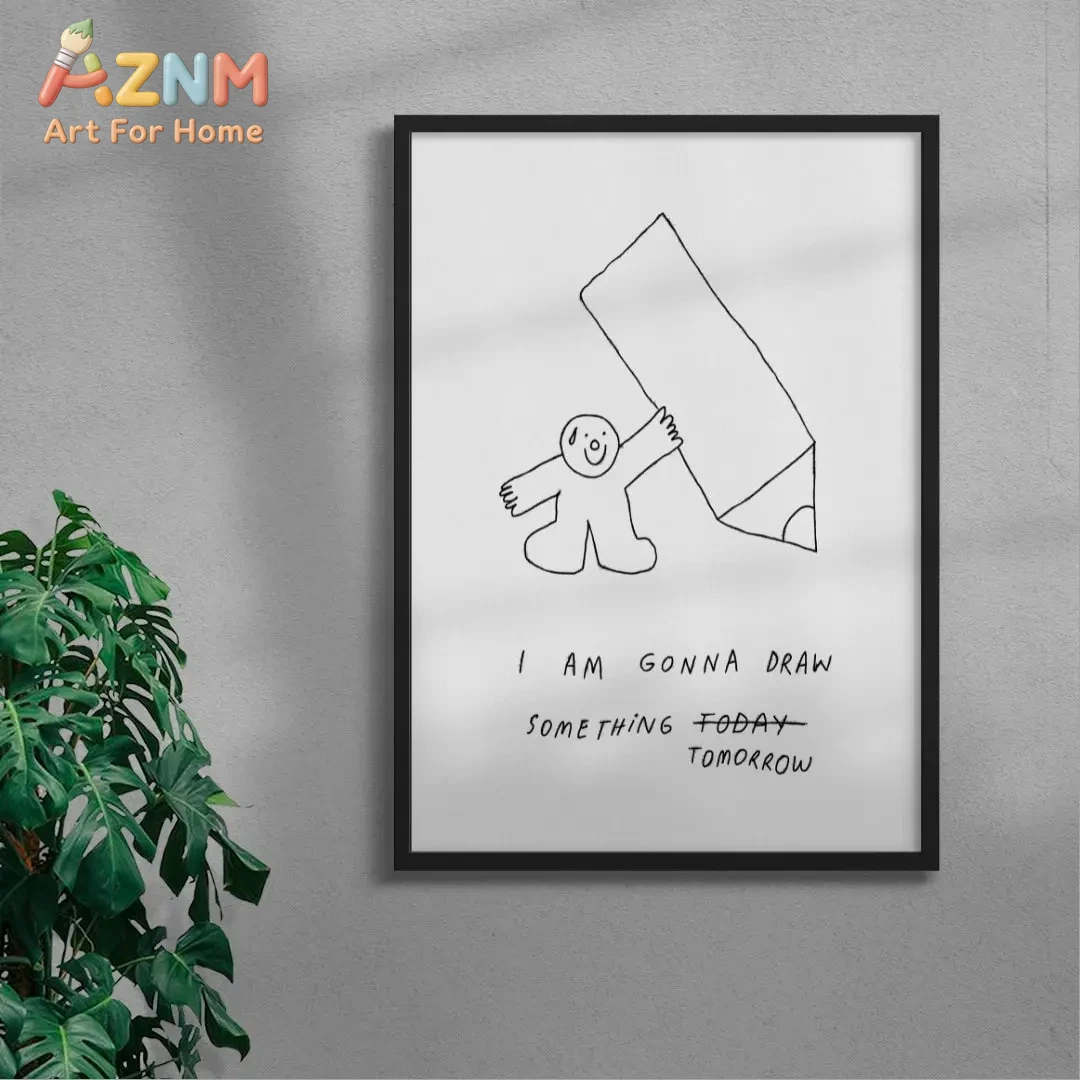 

"I Am Gonna Draw Tomorrow" Framed Wall Art - Funny Procrastination Cartoon Print Minimalist Decor for Home Office