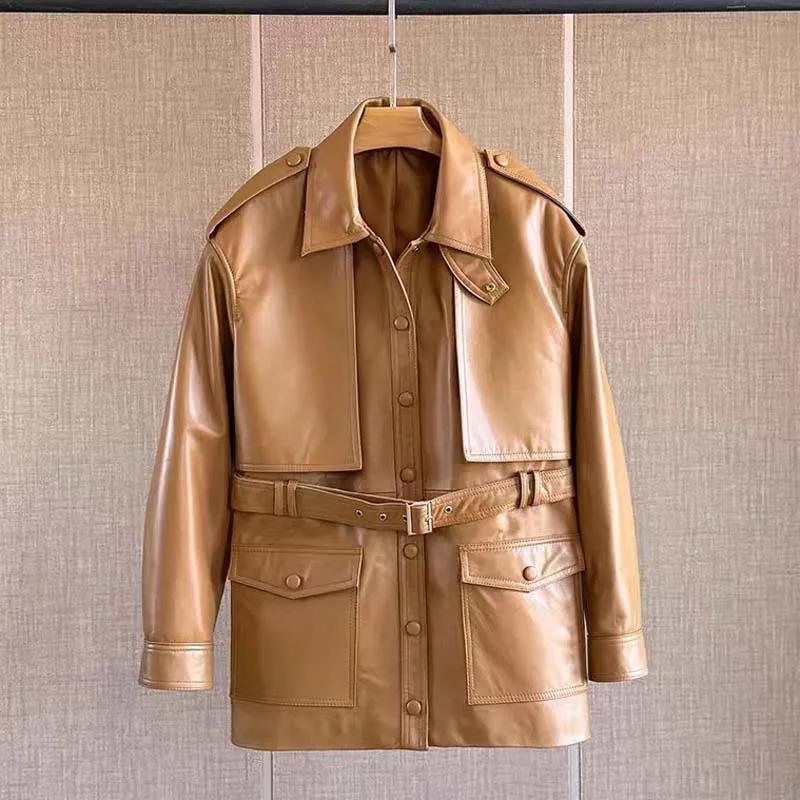 Women coat spring Sheepskin suit jacket two big pockets new fashion genuine leather clothes with belt regular length