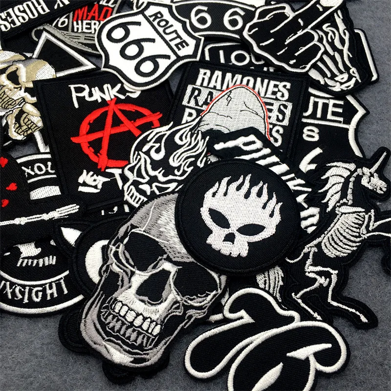 50pcs/lot Punk Patches on Clothes Embroidered DIY Iron on Patches for Clothing Jacket Jeans Stickers Black White Appliques