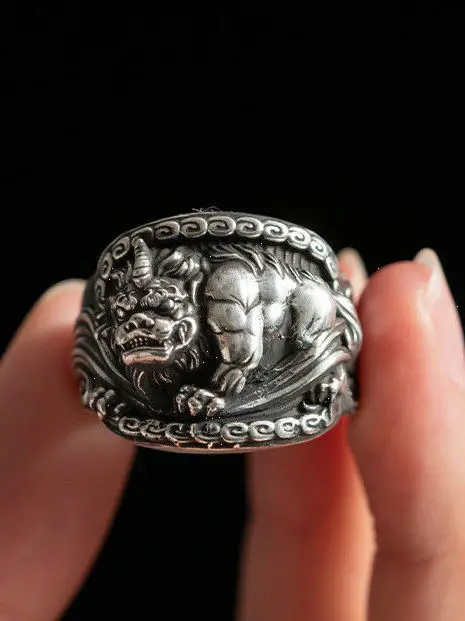 Retro Silver Ring Unisex Open Style Finger Ring Ethnic Flavor Xi Wang Tiger Head Design Fashionable Jewelry Accessory