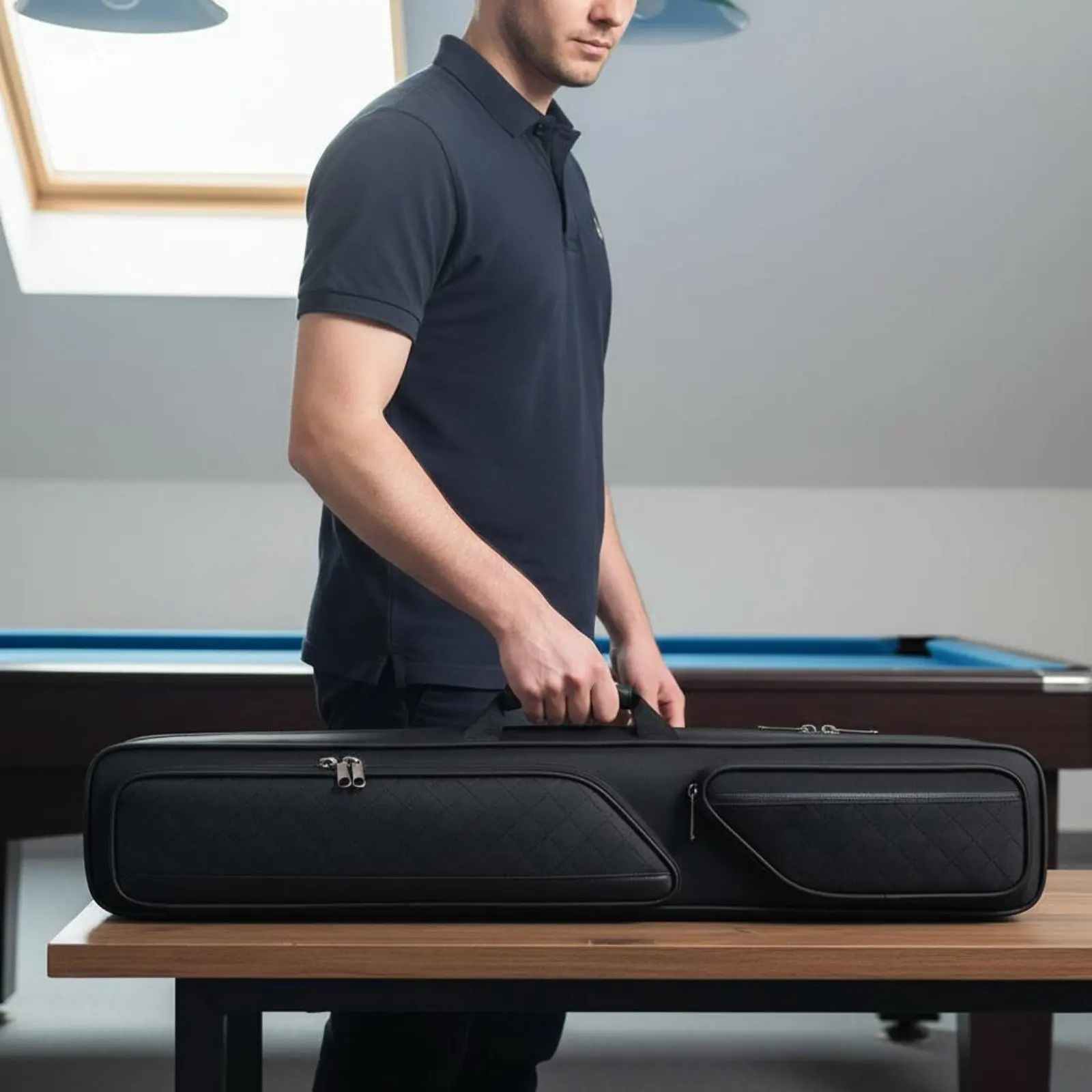 

7-Compartment Pool Cue Case Sturdy Exterior Billiard Stick Carrying Case Leatherette Cue Tube Soft Interior Lining Billiards