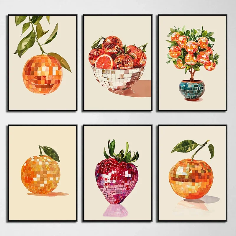 Póster Retro de bola de espejo de discoteca, fruta cítrica naranja, lienzo impreso, cuadro artístico de pared, Bar, Club, comida Funky, regalo de decoración del hogar