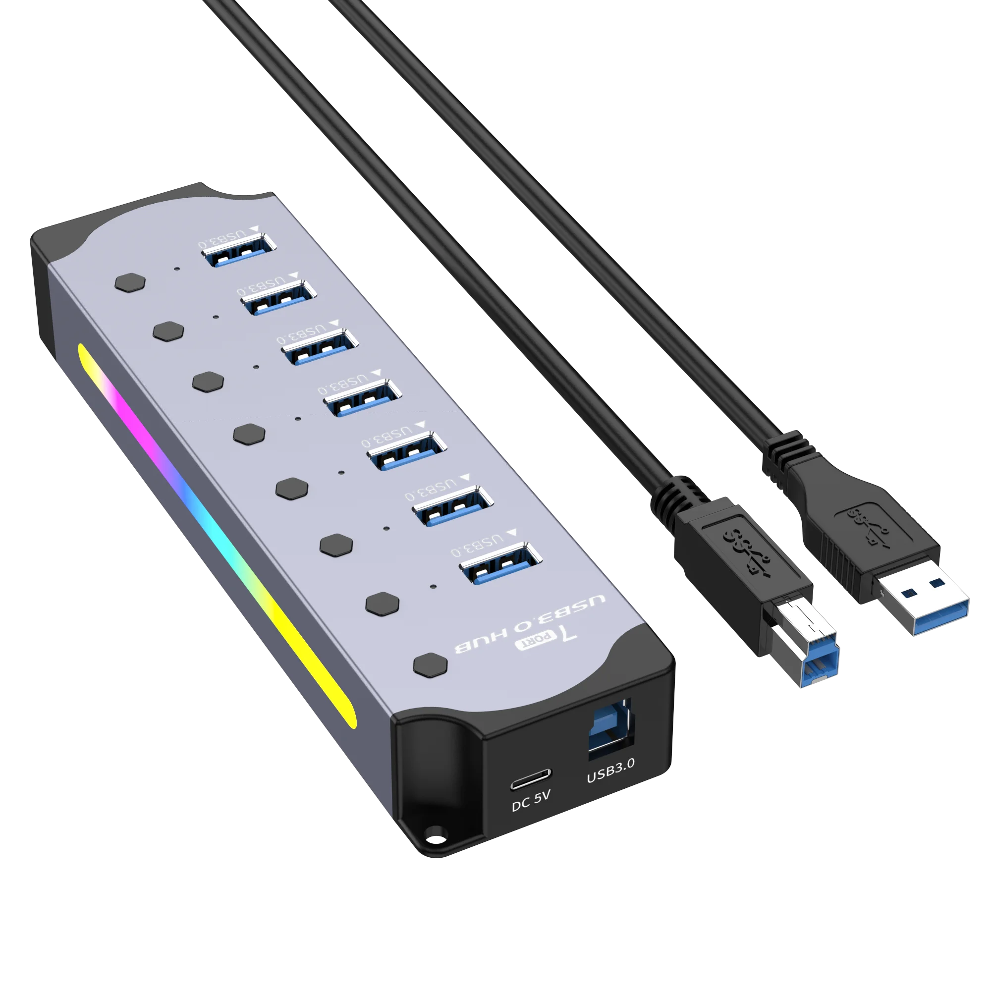 

USB HUB 4port 7port 10port USB3.0 Hub with RGB LED Strip Independent Button Switches,Aluminum Gaming USB Hub for PC and Laptop