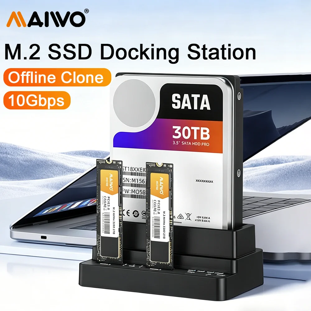 

MAIWO 3 Bay M.2 NVME SSD Docking Station & 2.5 3.5 Inch SATA HDD Enclosure Offline Clone 10Gbps Support 30TB/8TB Adapter for PC
