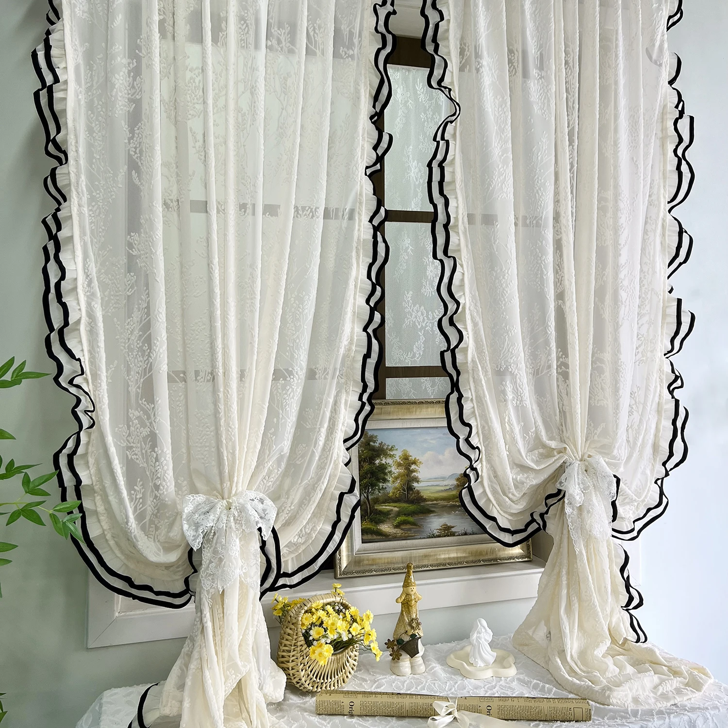 1PC Pastoral Flocking Branches Sheer Curtain for Living Room Bilateral Lace Voile Window Drape Balcony Home Decoration