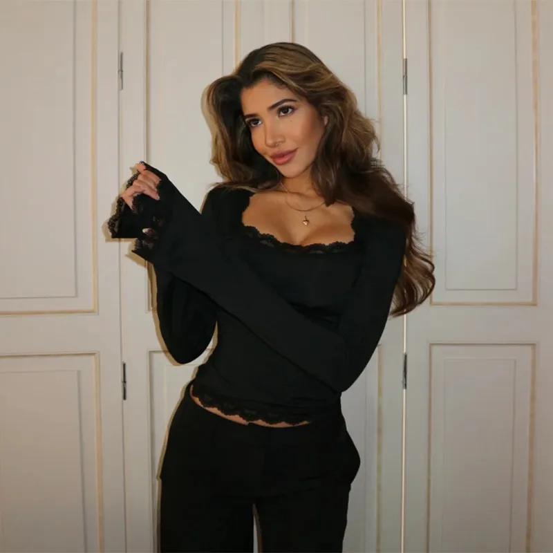 新しいヨーロッパとアメリカのファッション、純粋な欲望スタイルのセクシーなレースのスリムフィットクロップトップ（女性用）