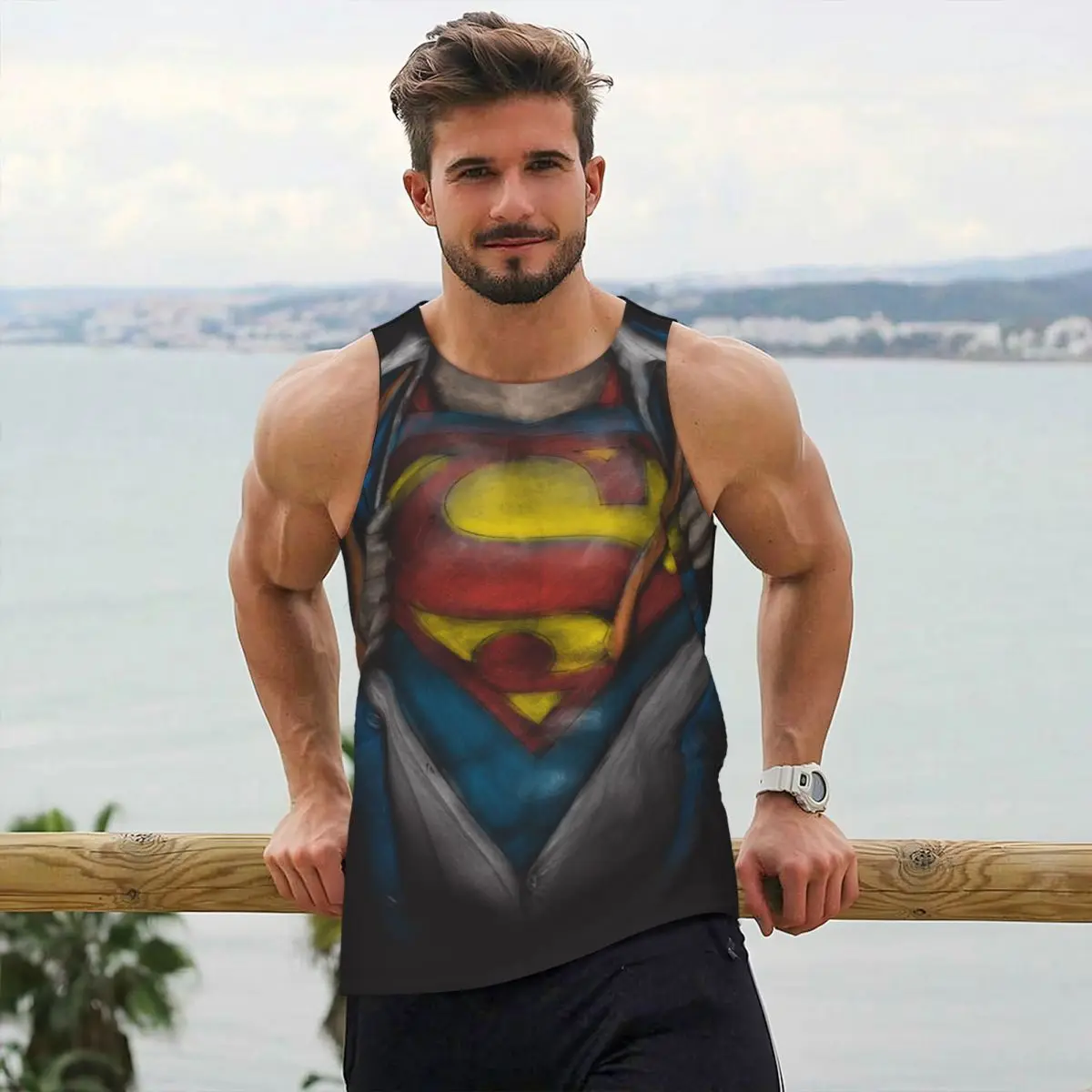 

Super-mans Chest Reveal Sketch Mens Gym Clothing Fitness Sleeveless Shirt Polyester Bodybuilding Tank Top Workout Vests