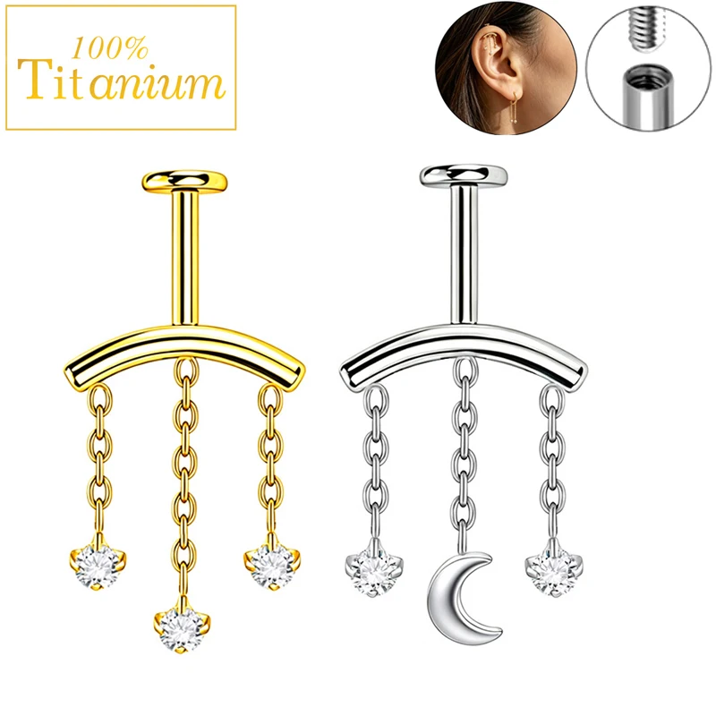 G23 Titan Flat-Back Labret Stud 16G mit dreifachem Zirkonia-Anhänger und Innengewinde für Knorpel-, Tragus-, Helix- und Conch-Piercings