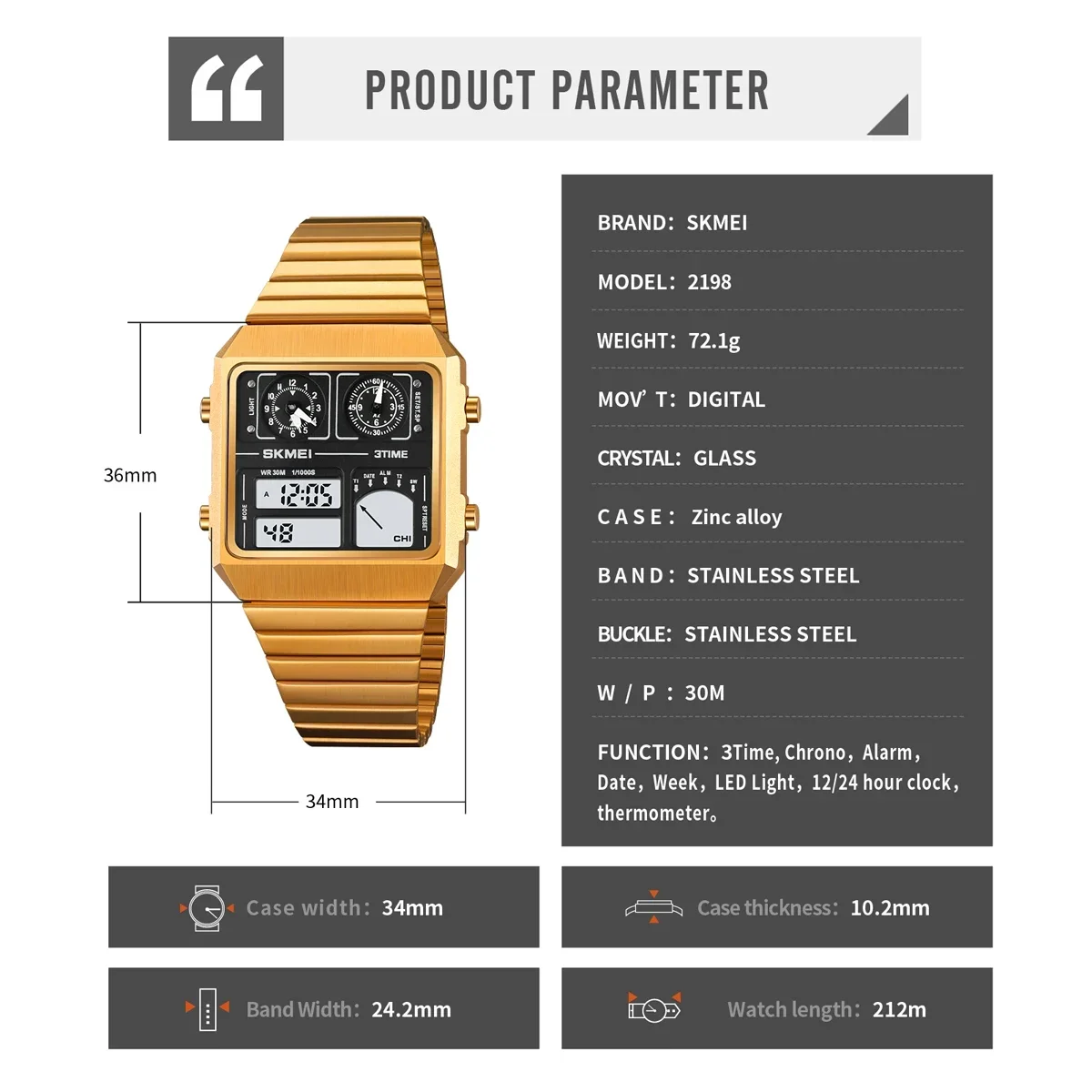 SKMEI-Relógio de pulso digital à prova d'água masculino, Aço inoxidável, Luxo, Esportes, Semana, Data, Alarme, 2198, 2033