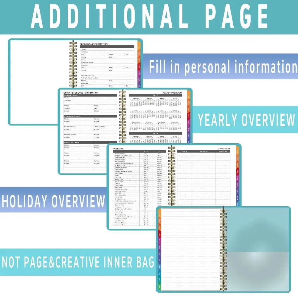 Indice Tag 2026 Planner Notebook Formato A5 Design semplice Piano giornaliero Programma Orologio con rilegatura a spirale nella funzione Diario a spirale Libro