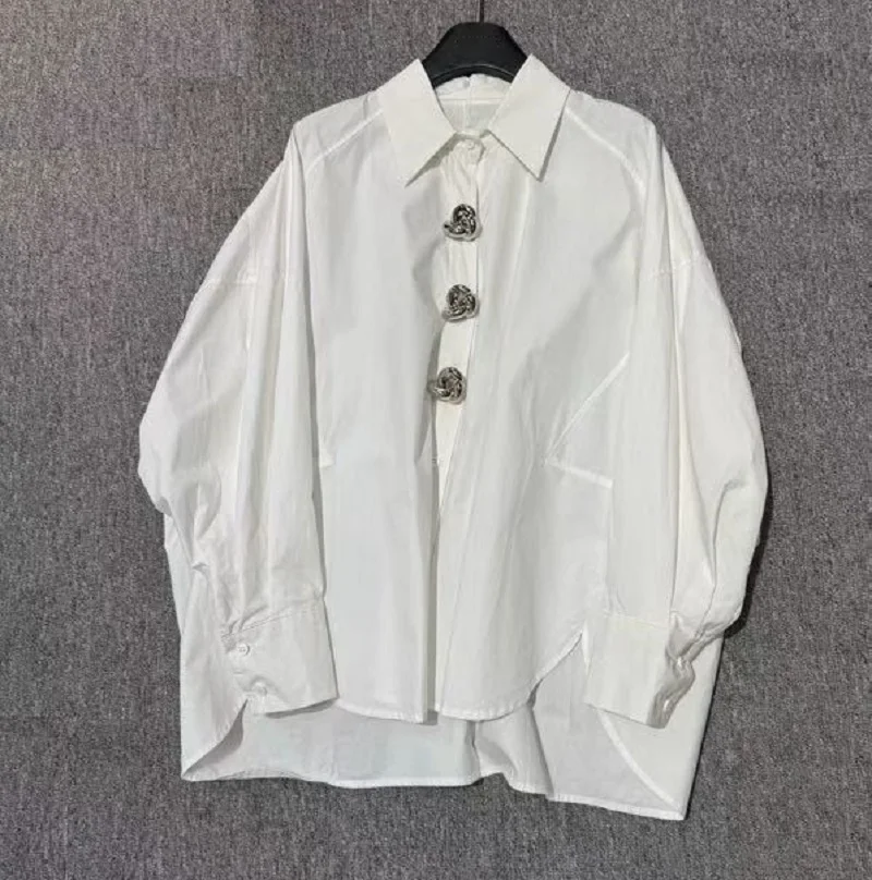 

Top Quality New Cotton Shirts 2025 Autumn Style Women Turn-down Collar Big Button Long Sleeve Casual Loose White Black Shirts