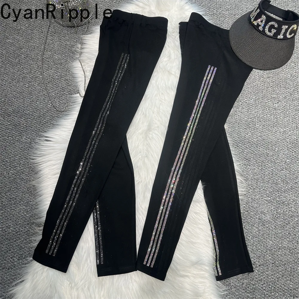 2026 New Spring Autumn All-match Elastic Waist Slimming Ankle-length Women Leggings Side Stripes Hot Diamonds Yoga Fitness Pants