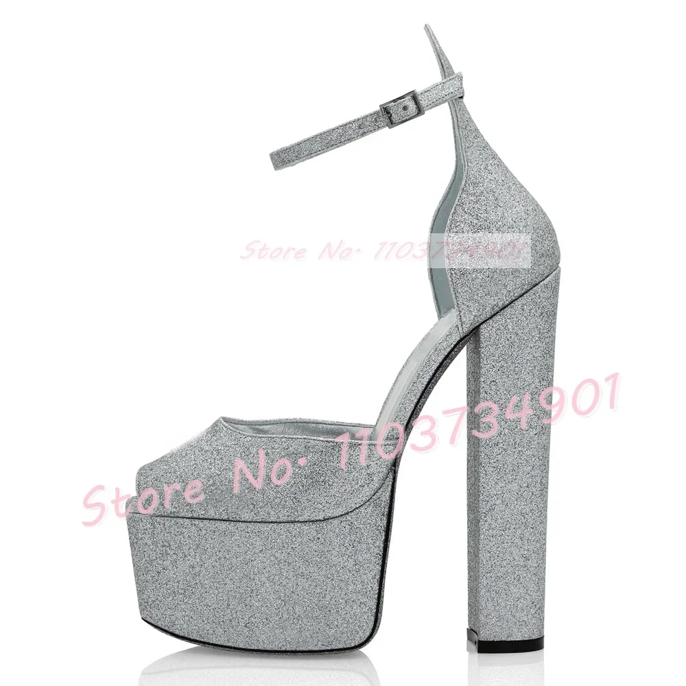 Crystal Trim Peep Toe Platform Sandals Women Classy Block High Heels Glitter Ankle Strap Shoes Classy Party Shimmer Sandals
