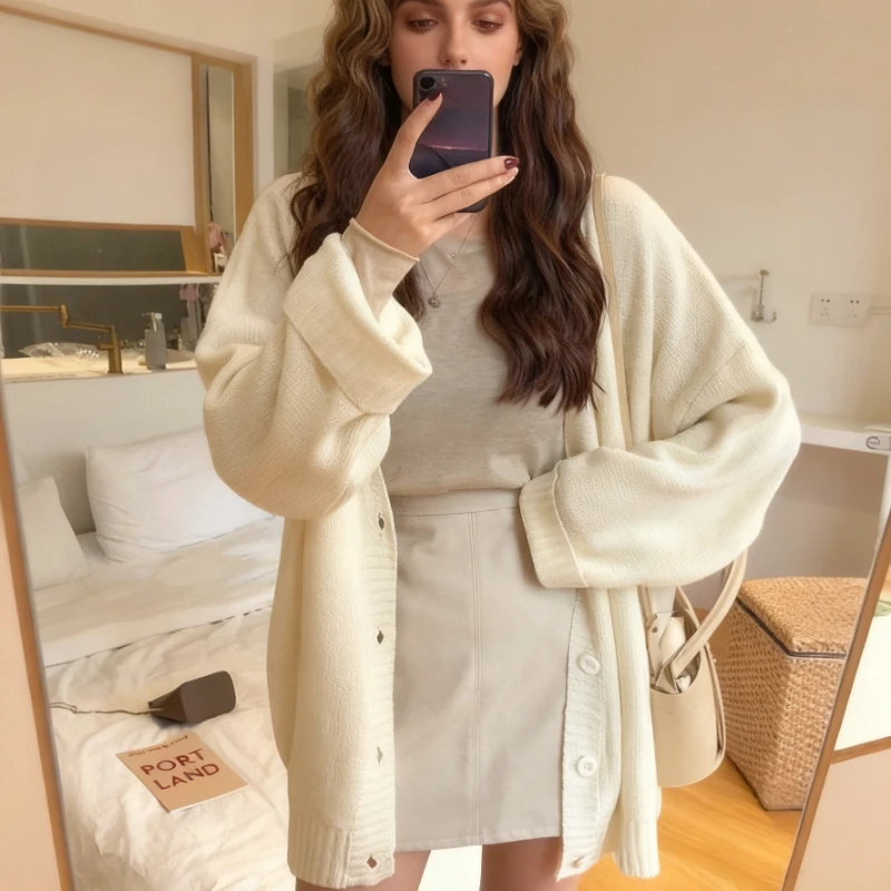 

НОВЫЙ шикарный кардиган с v-образным вырезом, осенне-зимний свитер, вязаные свободные повседневные пальто, уютные однотонные корейские модные куртки с длинными рукавами