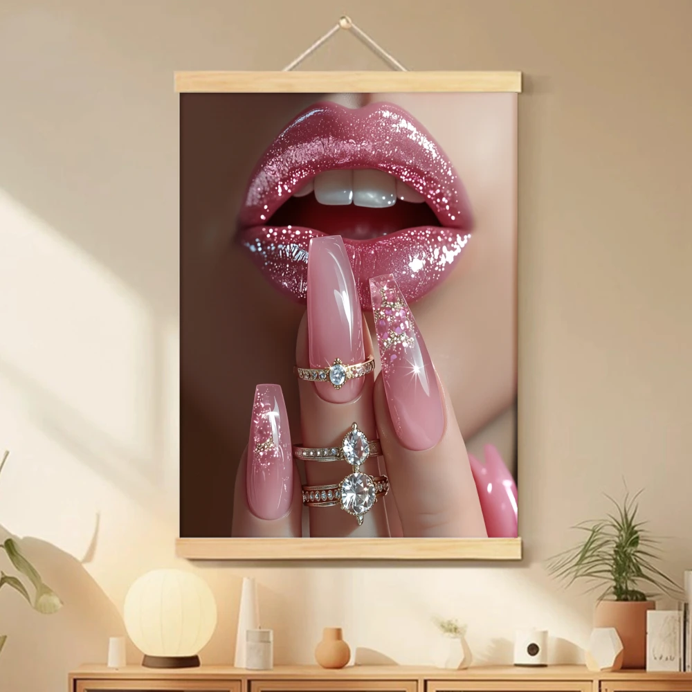 1pcs 2D Flat Reusable Classic Rectangle Scroll Canvas Painting Poster Hanger Wall Art,Pink Lips with Diamond Ring, Abstract Art
