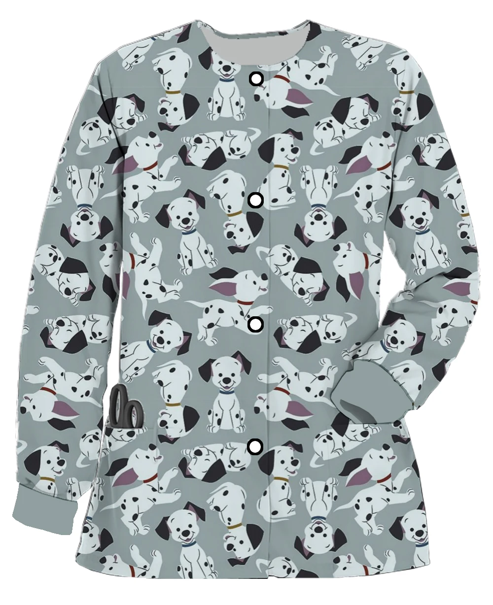 

Spring Disney Dalmatians Work Uniform Cardigan Round Neck Pocket Warm Scrub Jacket Nurse Care Worker Cartoon Coat