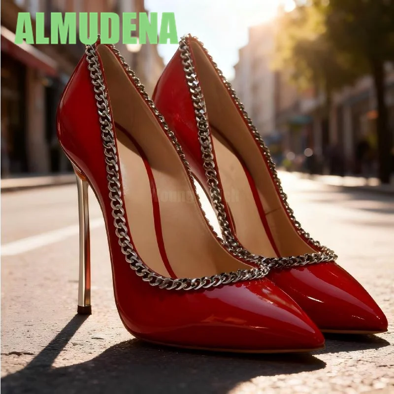 Chain Shallow Mouth Metal Follow-Up Shoes Red Temperament Banquet Shoes Pointed Toe Ankle Sleeves Simple Slim High-Heeled Shoes