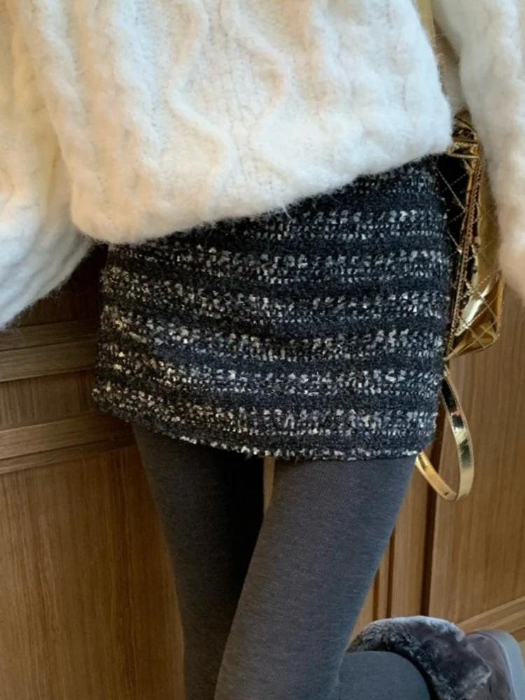 Koreanische Mode Vintage Tweed A-Line Mini Rock Frauen Winter Hohe Taille Wolle Mischung Chic Kurzen Rock Retro Süße Kühle Casual stil