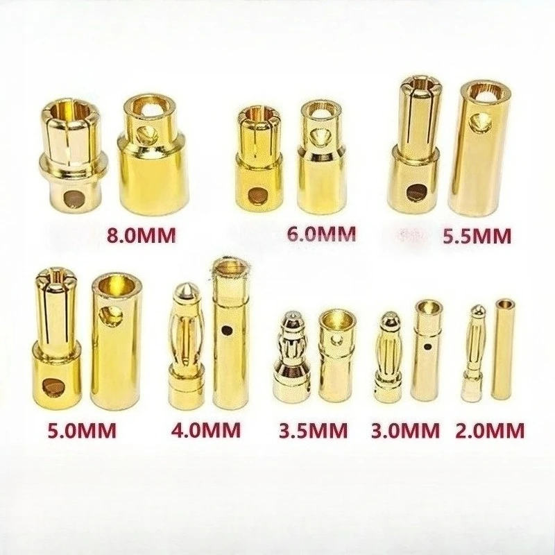 

2mm 3mm 3.5mm 4mm 5mm 5.5mm 6mm 8mm RC Battery Gold-plated Bullet Banana Plug High Quality Male Female Bullet Banana Connector