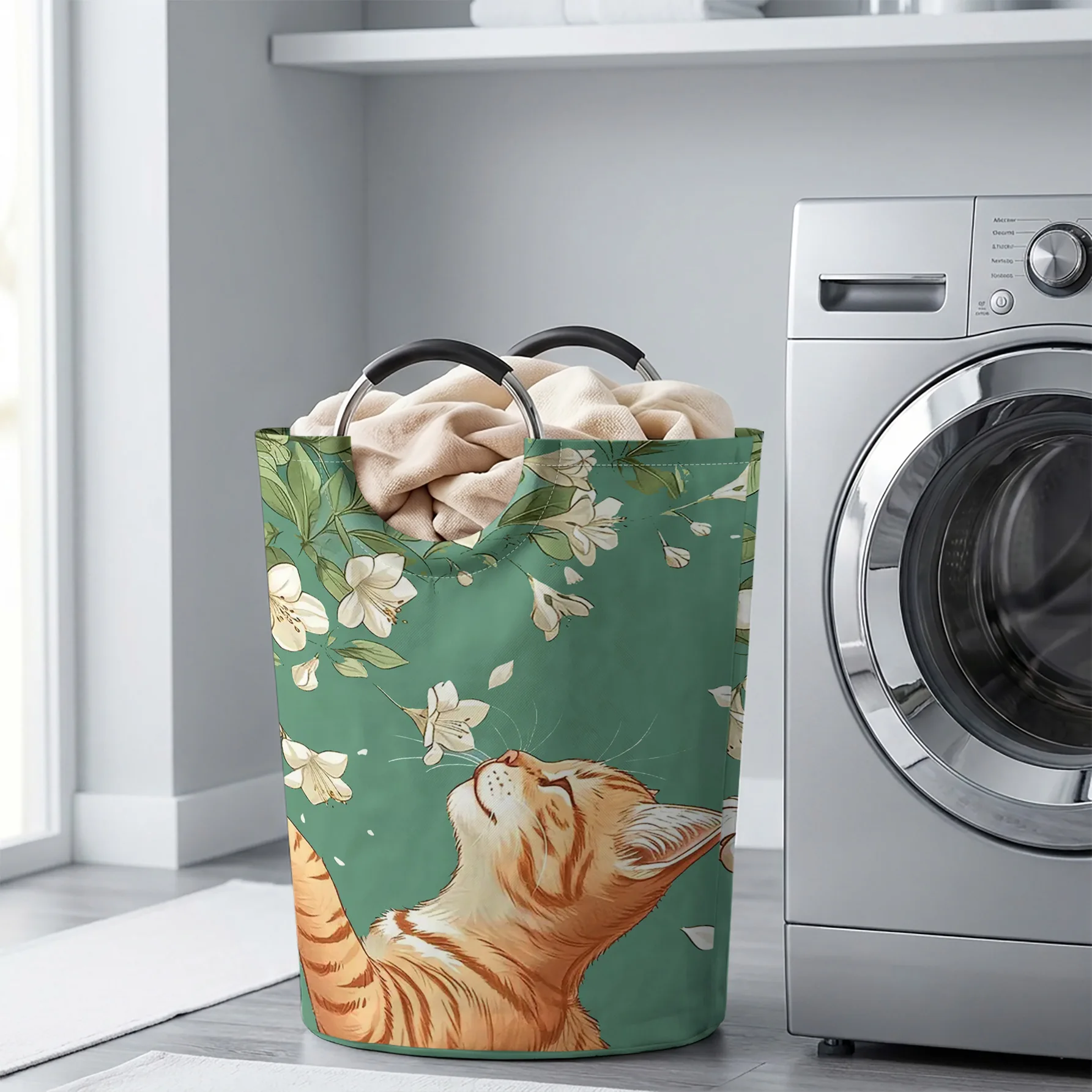 Green Background Orange Cat White Flower Print Handheld Storage Basket, For Laundry, Bedroom & Home Sundries Storage