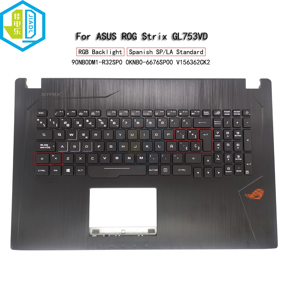 Teclado Espanhol Latino Reiluminado RGB, Capa Palmrest para ASUS ROG GL753 GL753VD GL753VE Teclados Retroiluminados a Cores, 90NB0DM1-R32LA0