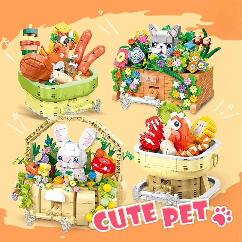 

Cute pet flower baskets, jumping fish, hot pot building blocks, boys' and girls' children's assembly toys and gifts