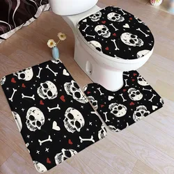 Funny Skull Bath Mat Set White Skeleton Red Heart Halloween Home Carpet Black Bathroom Decorative Floor Rugs Toilet Lid Cover