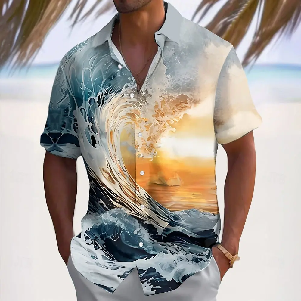 

Men's Optical Illusion Ocean Waves Summer Hawaiian Shirt Button Up Shirt Aloha Shirt Short Sleeve Hawaiian Vacation Beach Wear