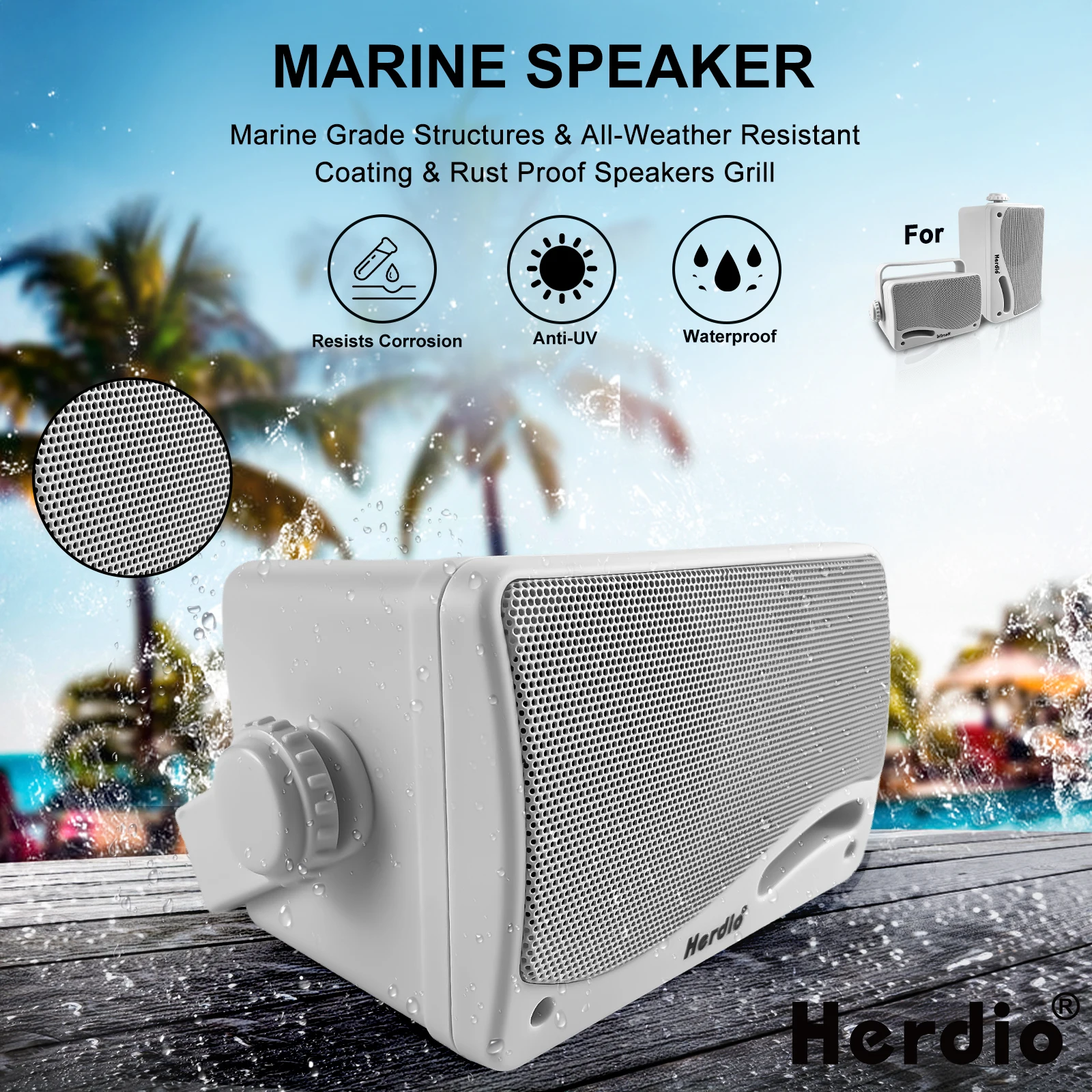 Herdio 3,5'' Outdoor-Bluetooth-Lautsprecher, wasserdicht, 3-Wege, 200 W, Wandmontage, wasserdicht, Marine-Aktivlautsprecher, perfekte Verwendung in der Terrasse