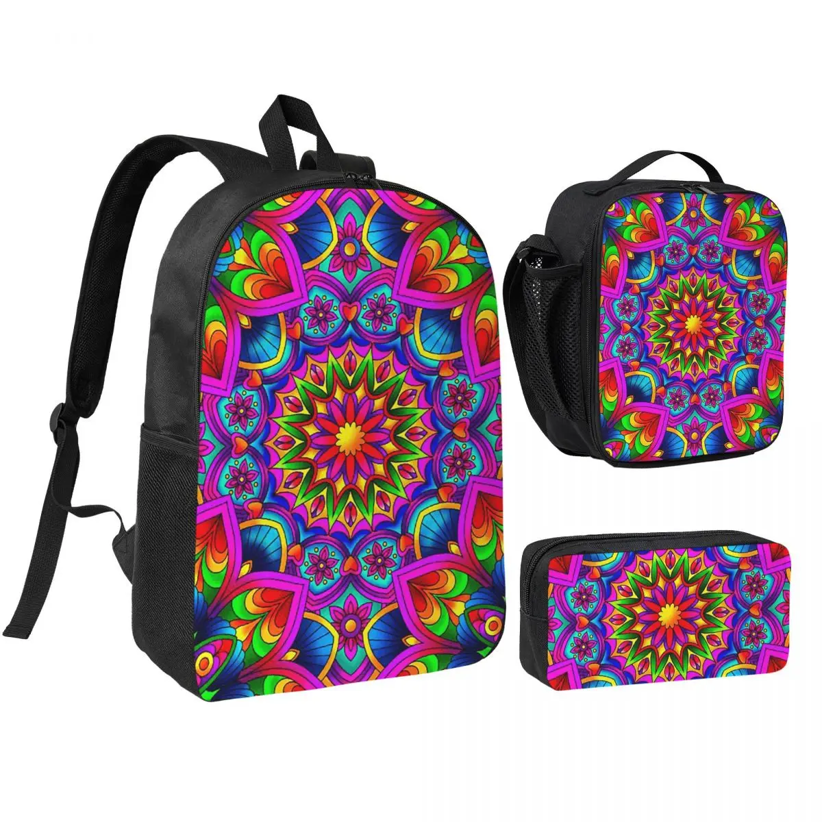 Psychedelic Summer Color Mandala Print Backpack Boys Girls BookBag School Bag Shoulder Bags 3ps Insulated Lunch Bag Pencil Case