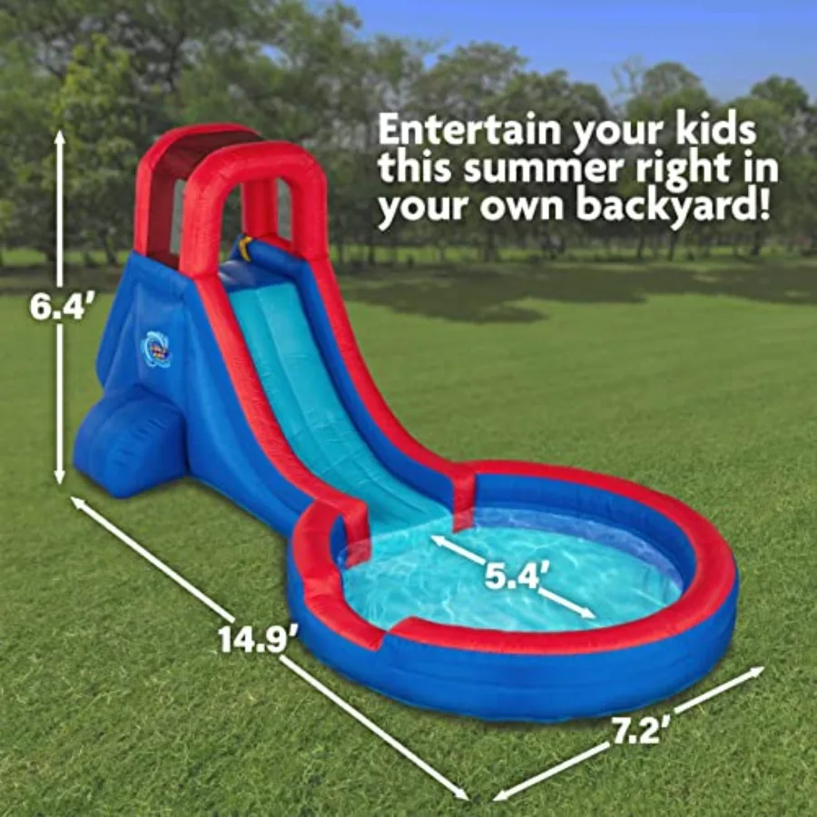 Inflatable Single Ring Water Slide Park Heavy-Duty PVC, Blue Yellow Outdoor climbing wall, slide deep pool with quick setup, in