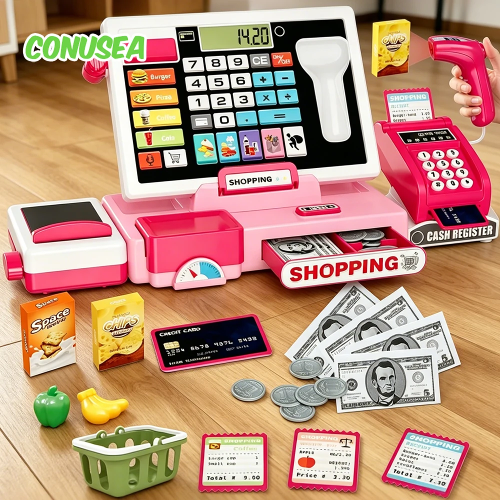 

Children Cash Register Toy Supermarket Shopping Playset with Calculator Pretend Play Toys Salesperson Role Play Learning Toy Kid