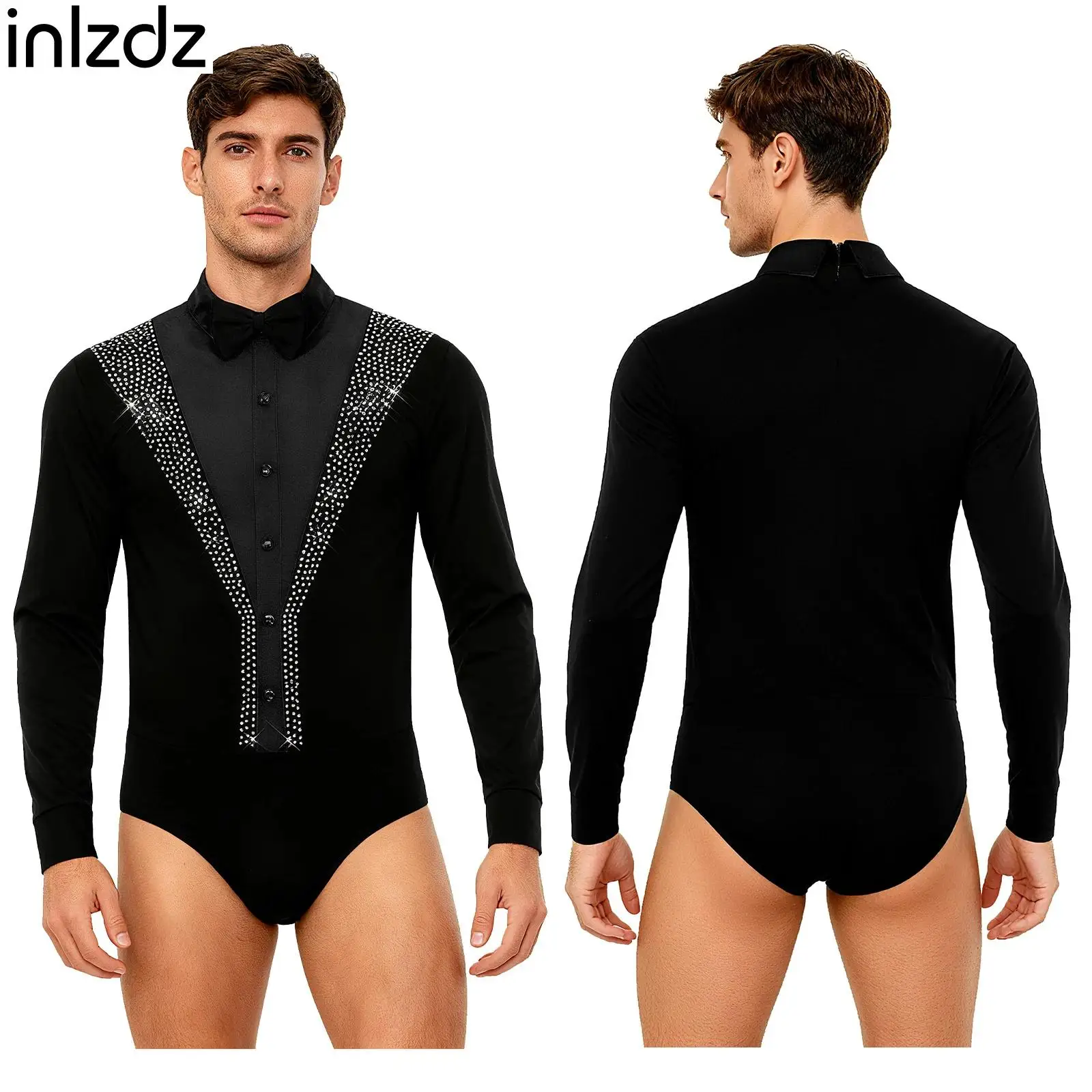 

Men Long Sleeve Rhinestone Latin Dance Leotard Bodysuit with Bowtie for Ballet Gymnastics Figure Skating Performance Competition