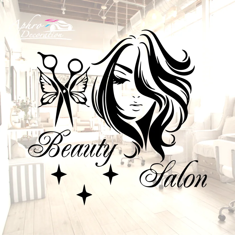 Removable Self-adhesive Vinyl Beauty Salon Butterfly Scissors and Stylish Model Wall Decal for Hair Salon Wall Decoration