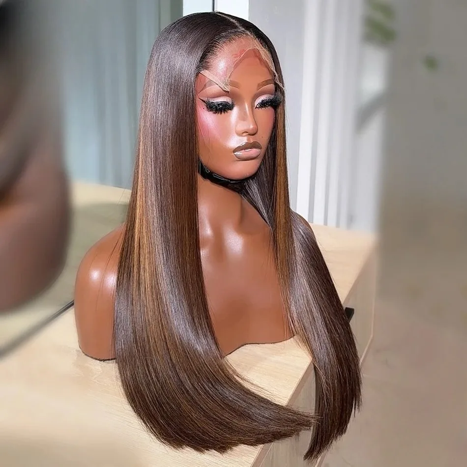 Highlight 27 Brown 13x4 Hd Lace Front Wig Straight Highlight Blonde Synthetic Lace Wig Heat Resistant Glueless For Women Use New