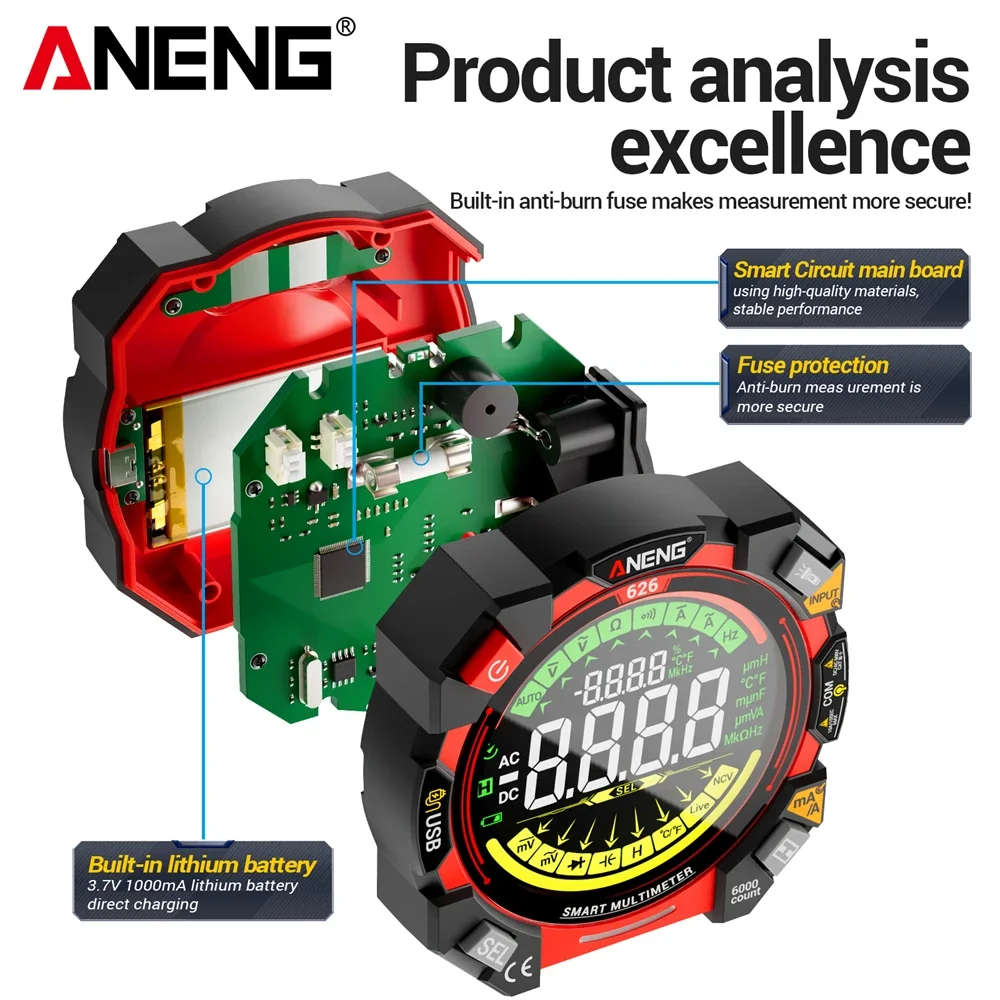 ANENG 626 Digital Multimeter 6000 Counts AC/DC Voltage Resistance Current Meter Lithium Battery Charging Multimetro Tester Tools