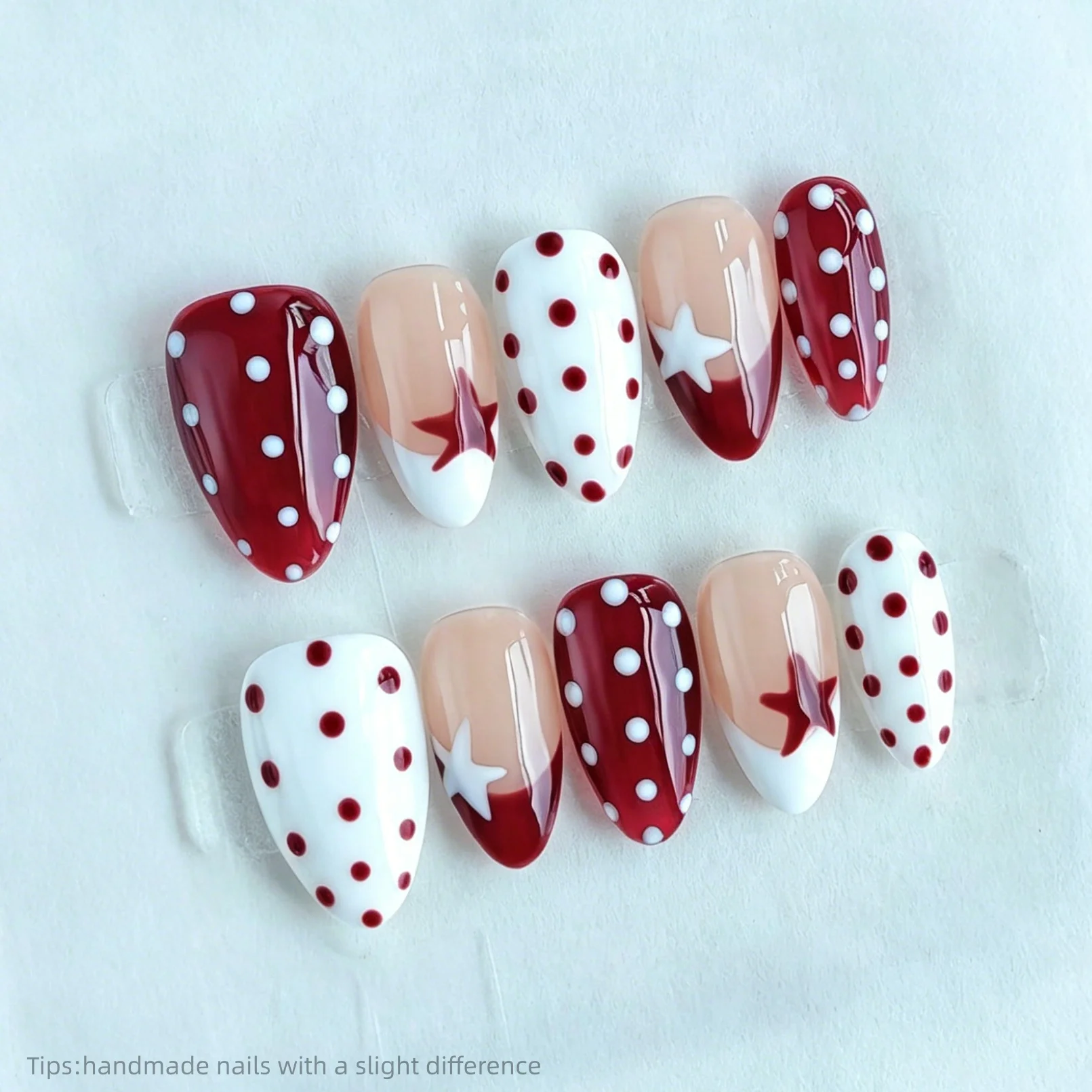 

10pcs Handmade Red White Polka Dot Star Press On Nails Almond Short Sweet Cute Fake Nails French Tip Decor False Nails