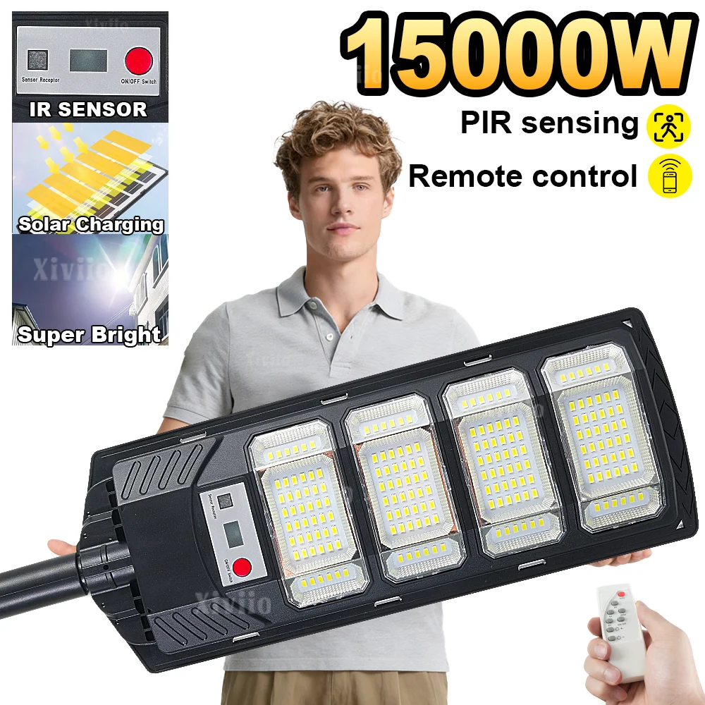 Lampe solaire extérieure 15000W Ultra puissante Lampe solaire de rue 320 °   Lampe de jardin à capteur infrarouge à large plage d'éclairage du crépuscule à l'aube,ipx67 étanche arrière-cour éclairage