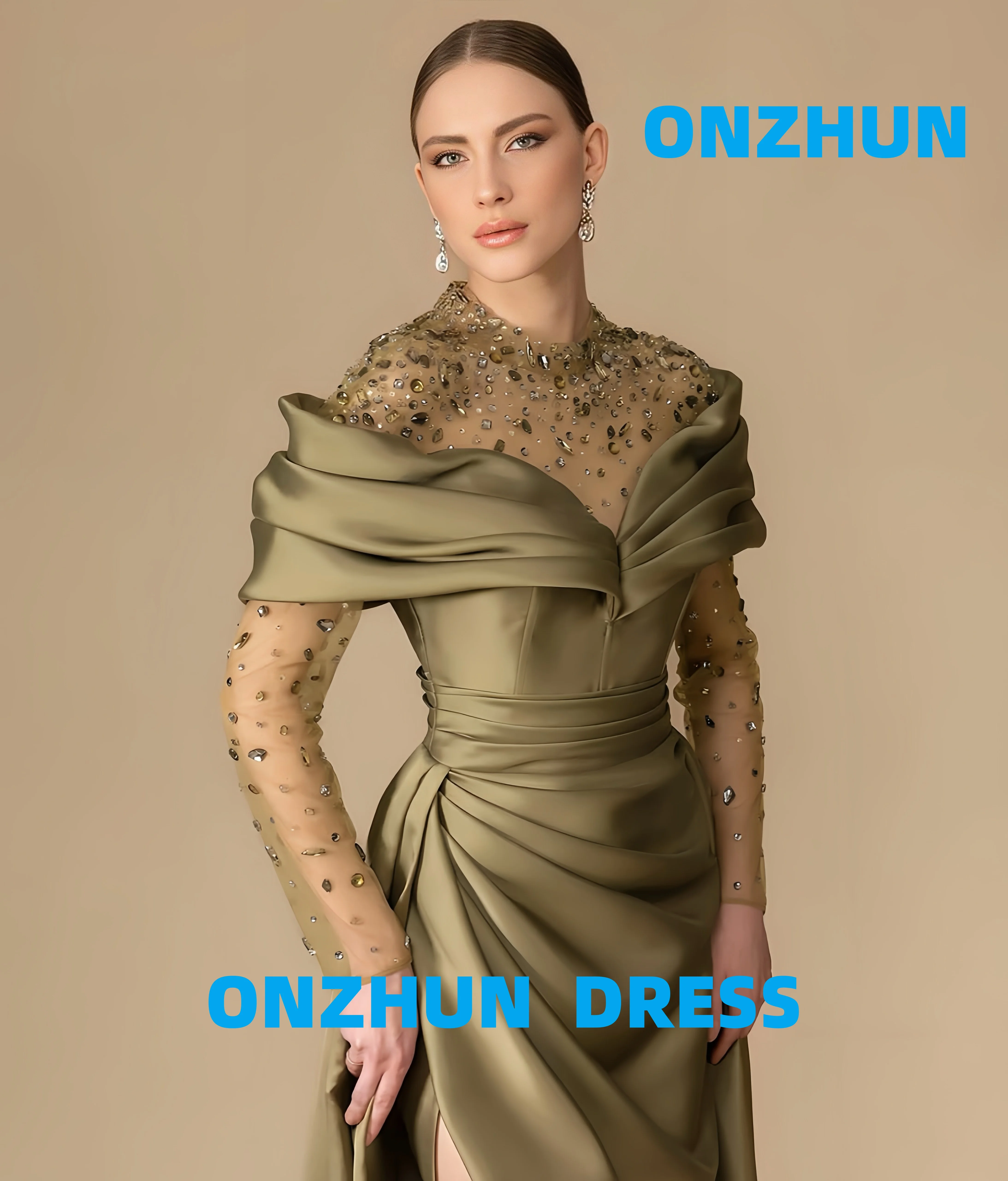 

Customized round neck long sleeves A-LINE elegant luxurious evening dresses women evening dress modern Evening dresses