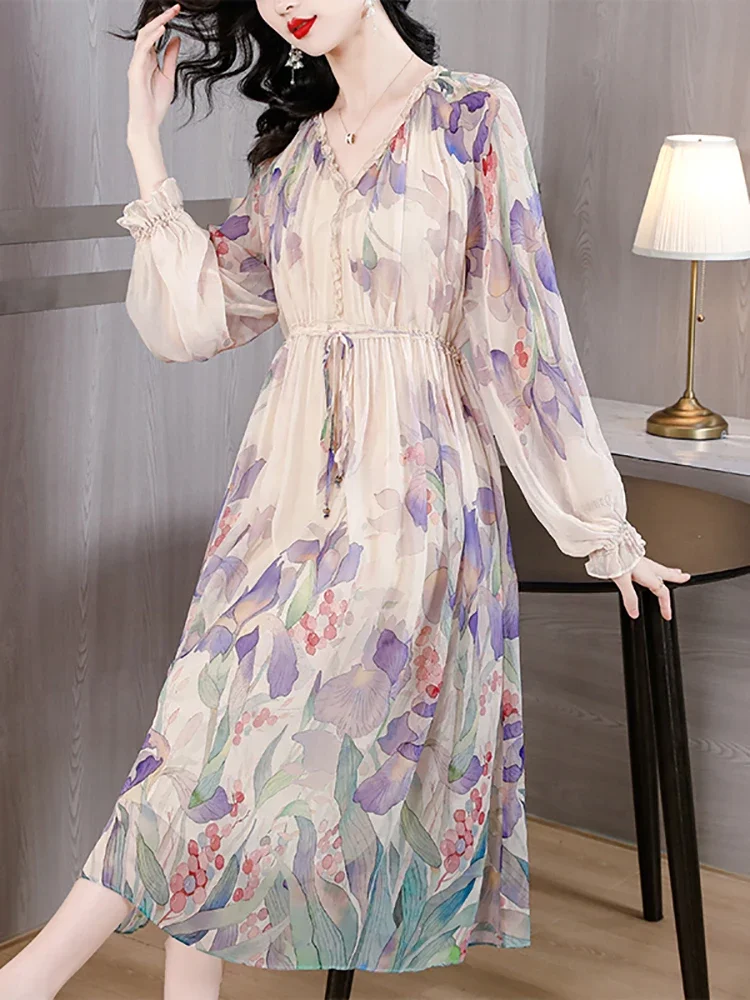 Vestido boho de babados manga comprida, seda floral, besch elegante, vestido de férias, vintage coreano, baile de baile, primavera, verão, 2023, 2023