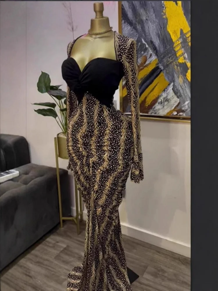 Wmstar Women Dress Wholesale Strapless Long Sleeved Printed Long Dress with Pleated Party Cocktail Party Dress Drop Shopping