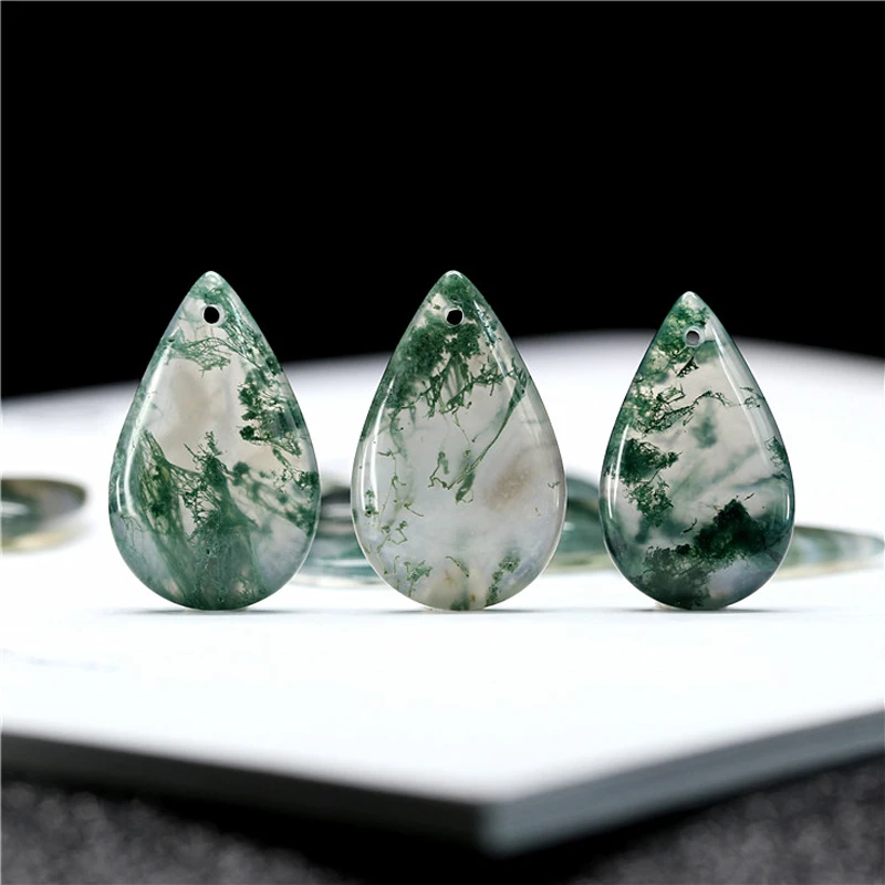 Trendy Natural Moss Agate Pendant Solid 925 Silver Water Drop Gemstone for Women Birthday Party Necklace Jewelry