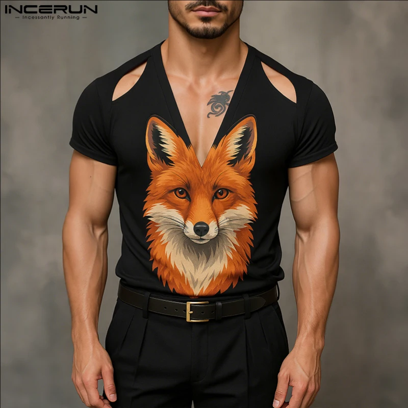 INCERUN الرجال تي شيرت الطباعة الجوف خارج الخامس الرقبة قصيرة الأكمام الذكور المحملة القمم الصيف الشارع الشهير 2025 موضة ملابس الرجال غير رسمية
