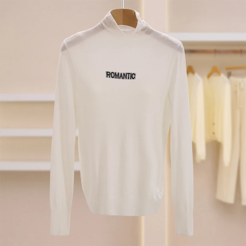 Casual Letter f-High Collar Slim Fit Knitted Sweater Women's Base Layer Winter Faion Commute Sle Long Sve Top