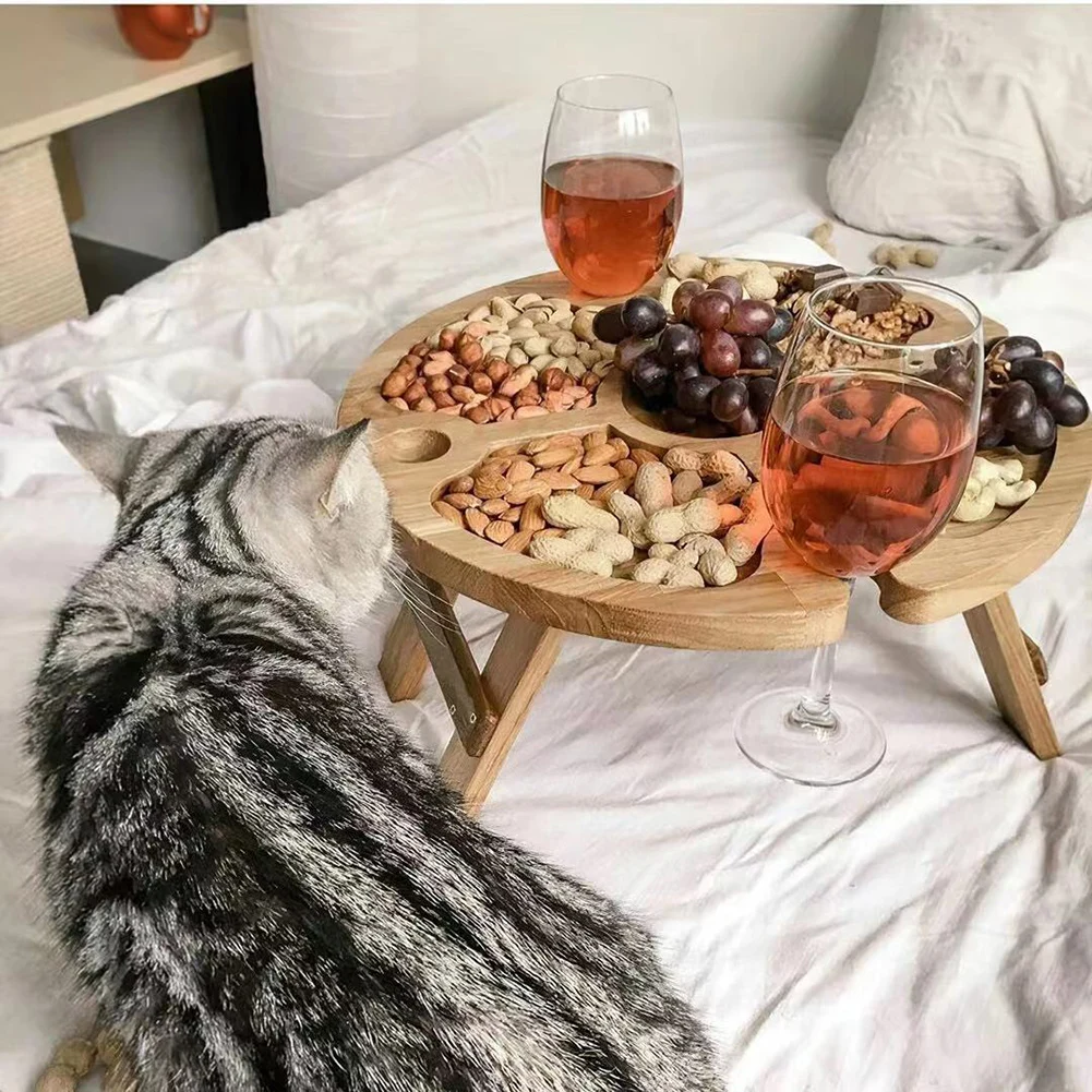 Wooden Outdoor Portable Folding Wine Picnic Table Camping Cheese Board Tray Foldable Snack Table Wine Rack Tourist Fruit Table