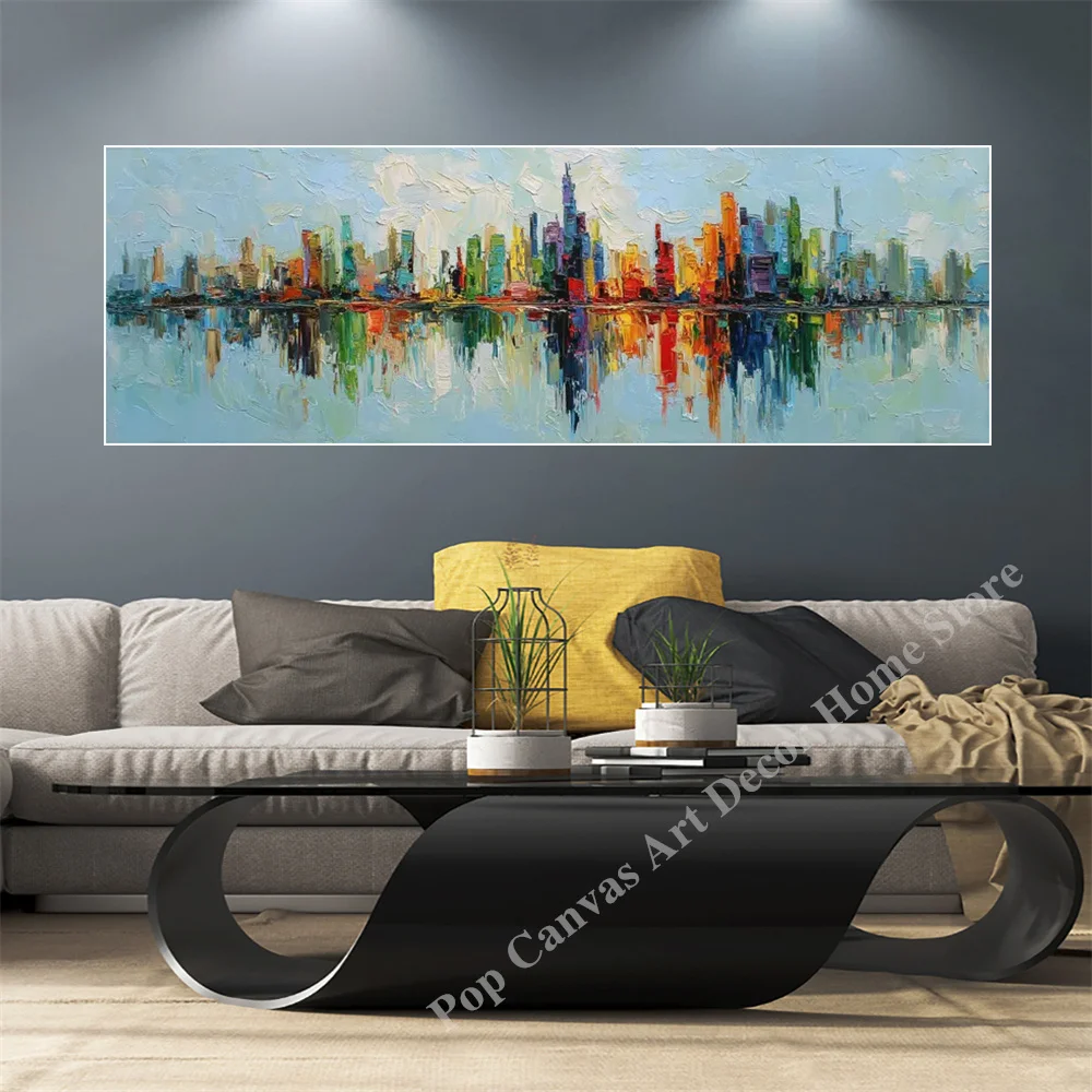 

Hand-Painted Abstract Cityscape Oil Painting Colorful Urban Skyline Canvas Wall Art Modern Home Decor for Living Room