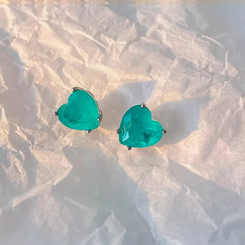 Luxury Silver Color Paraiba Tourmaline Gemstone Heart Necklace Earring for Women Wedding Dinner Party Jewelry Anniversary Gift